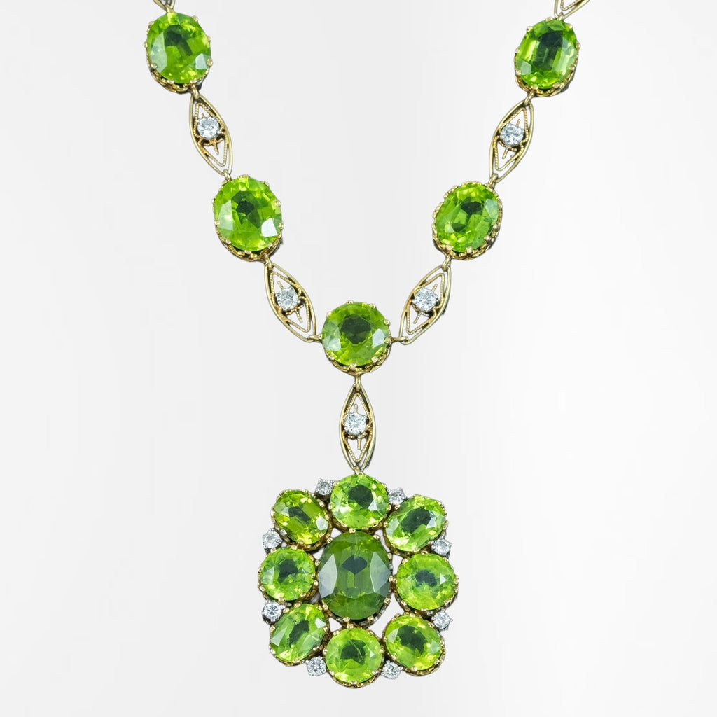 Antique Edwardian Peridot Diamond Lavaliere Necklace 18ct Gold With Box