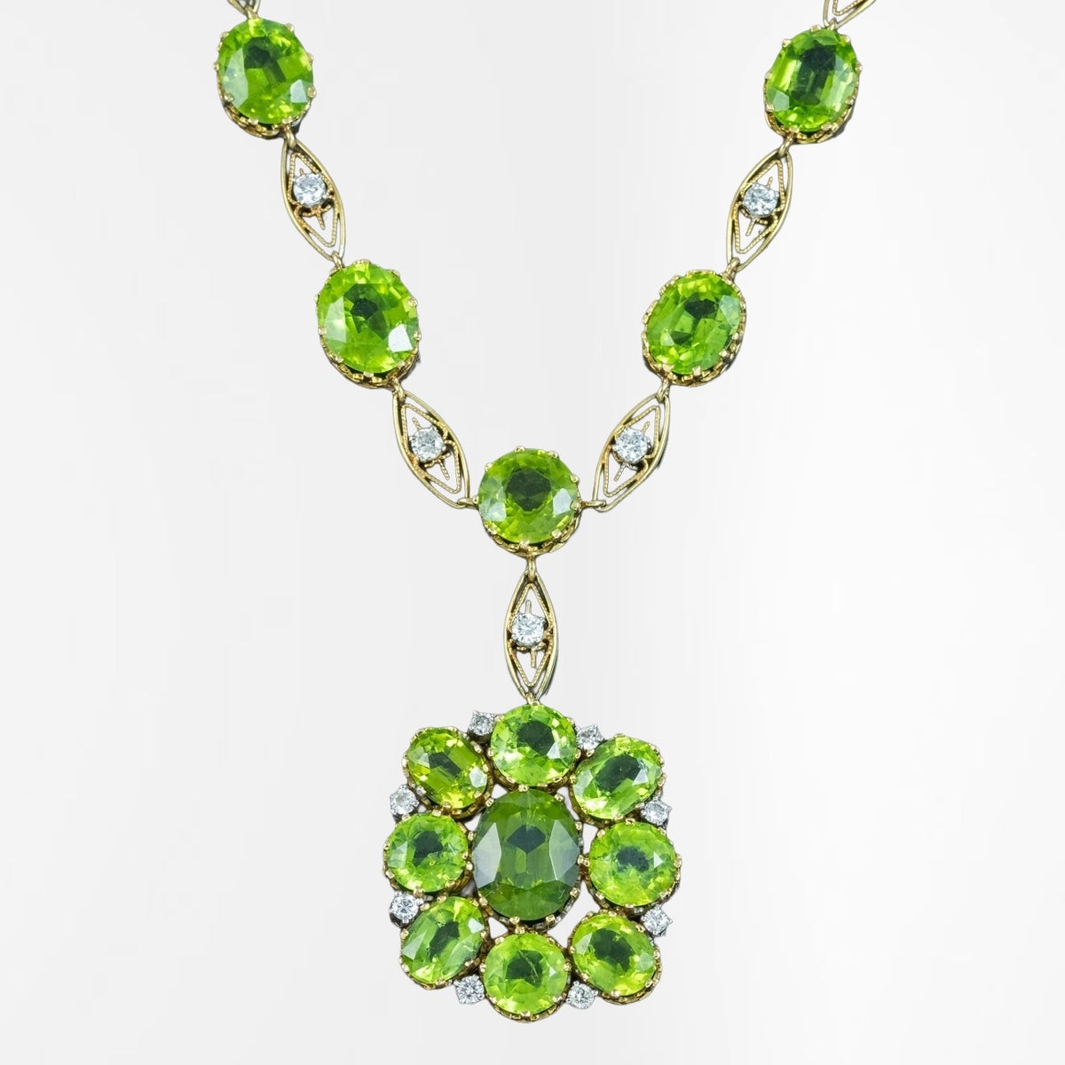 Antique Edwardian Peridot Diamond Lavaliere Necklace 18ct Gold With Box
