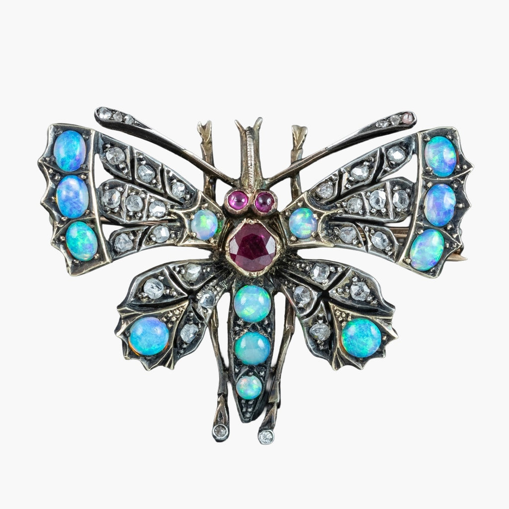 Antique Victorian Butterfly Brooch Diamond Opal Ruby