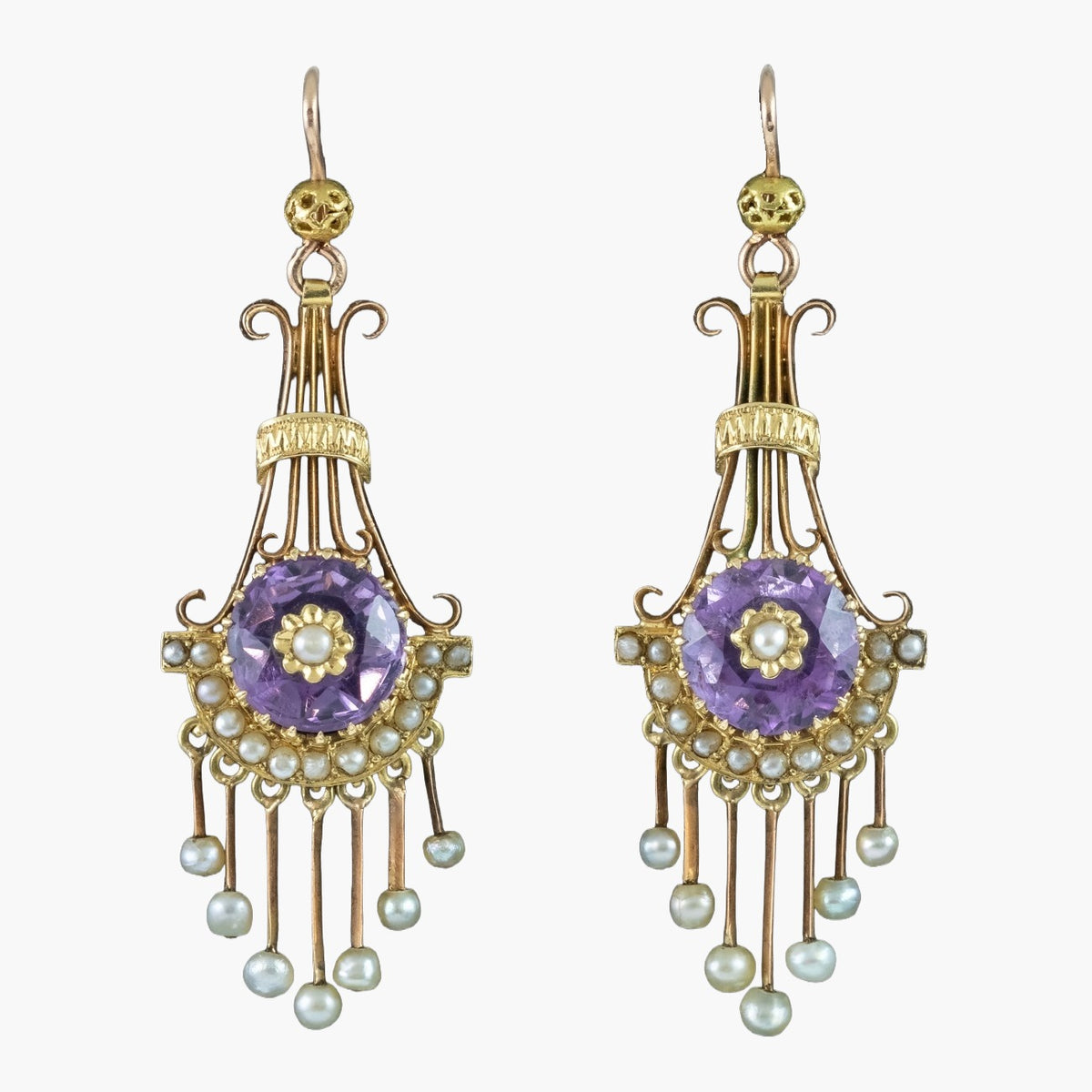 Antique Victorian Drop Earrings Amethyst Pearl 18ct Gold Main image