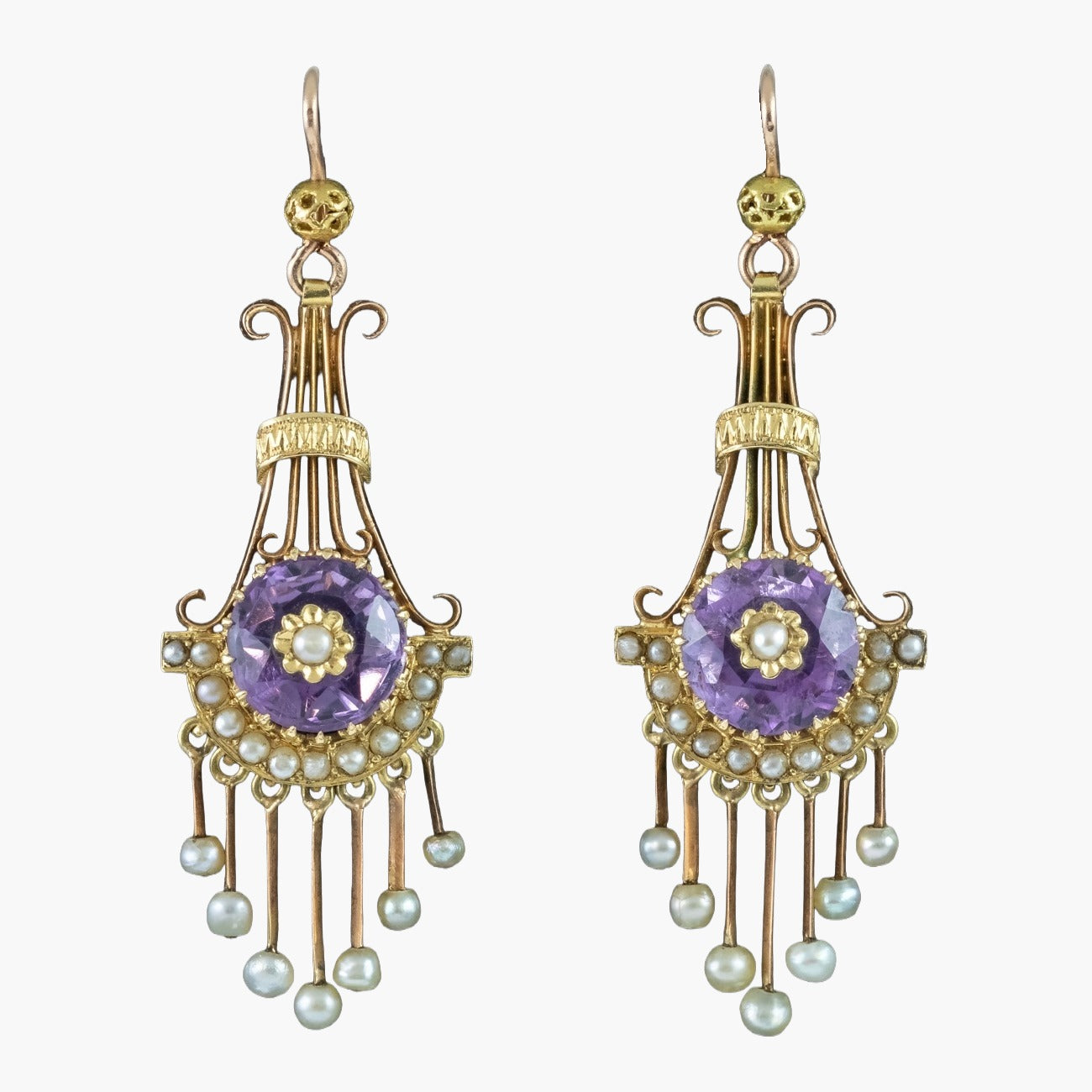 Antique Victorian Drop Earrings Amethyst Pearl 18ct Gold