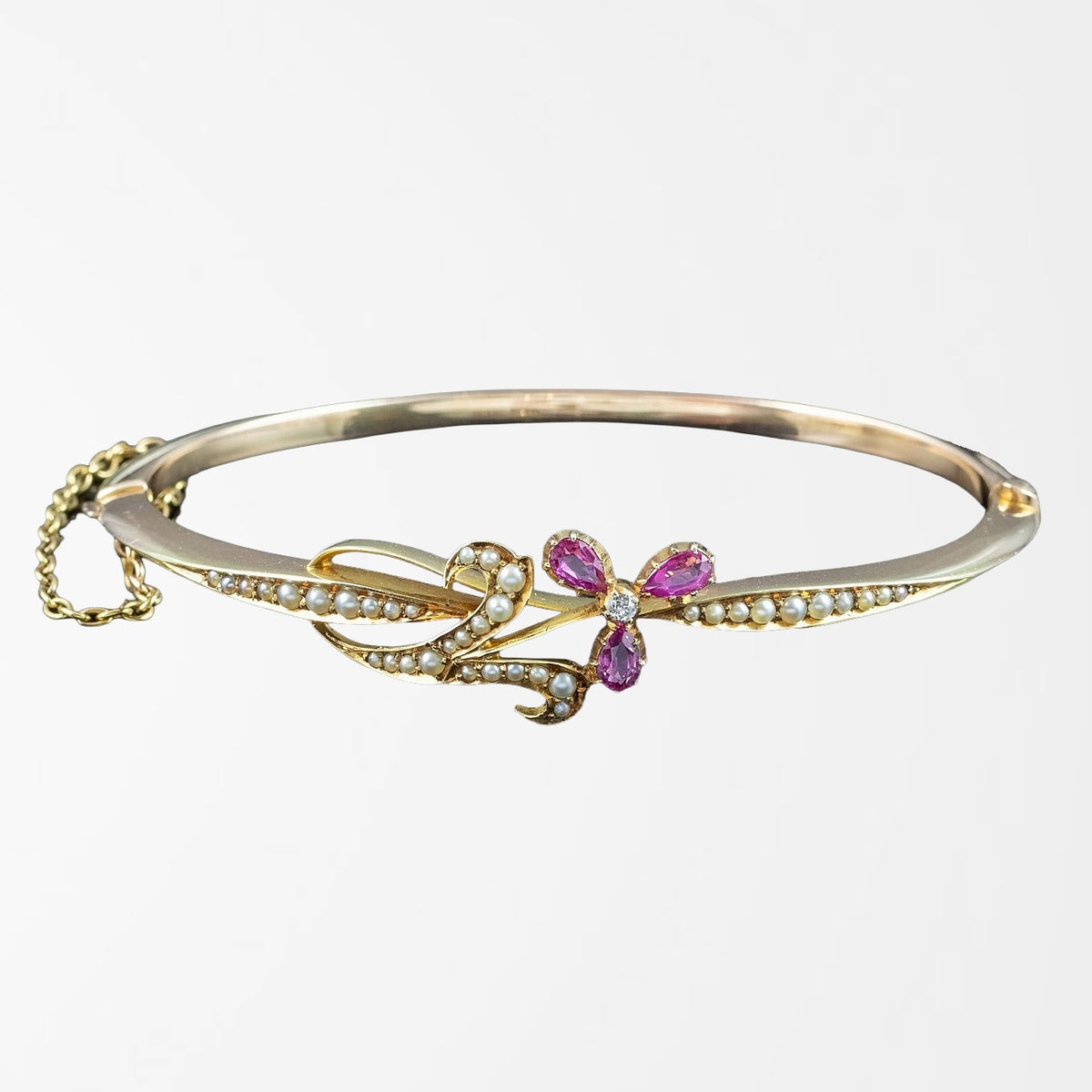 Antique Victorian Flower Bangle 15ct Gold Pink Sapphire Diamond Pearl Main image