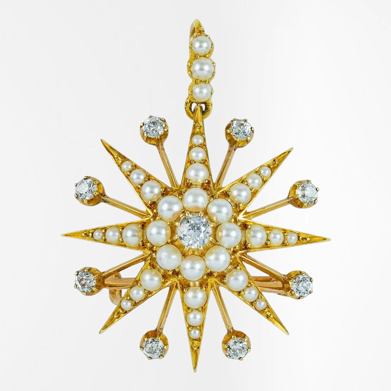 Antique Victorian Pearl Diamond Star Pendant Brooch 15ct Gold With Box Main image