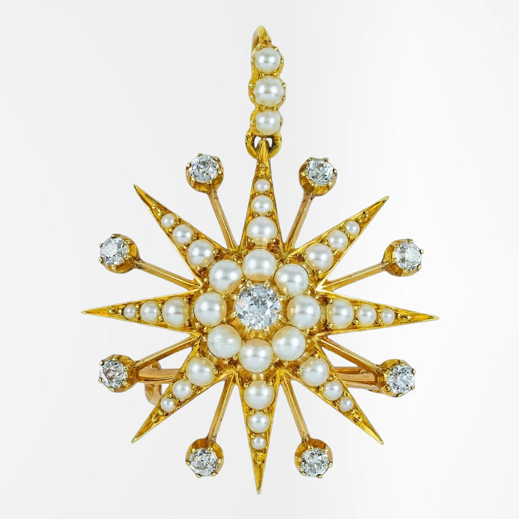 Antique Victorian Pearl Diamond Star Pendant Brooch 15ct Gold With Box
