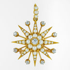 Antique Victorian Pearl Diamond Star Pendant Brooch 15ct Gold With Box