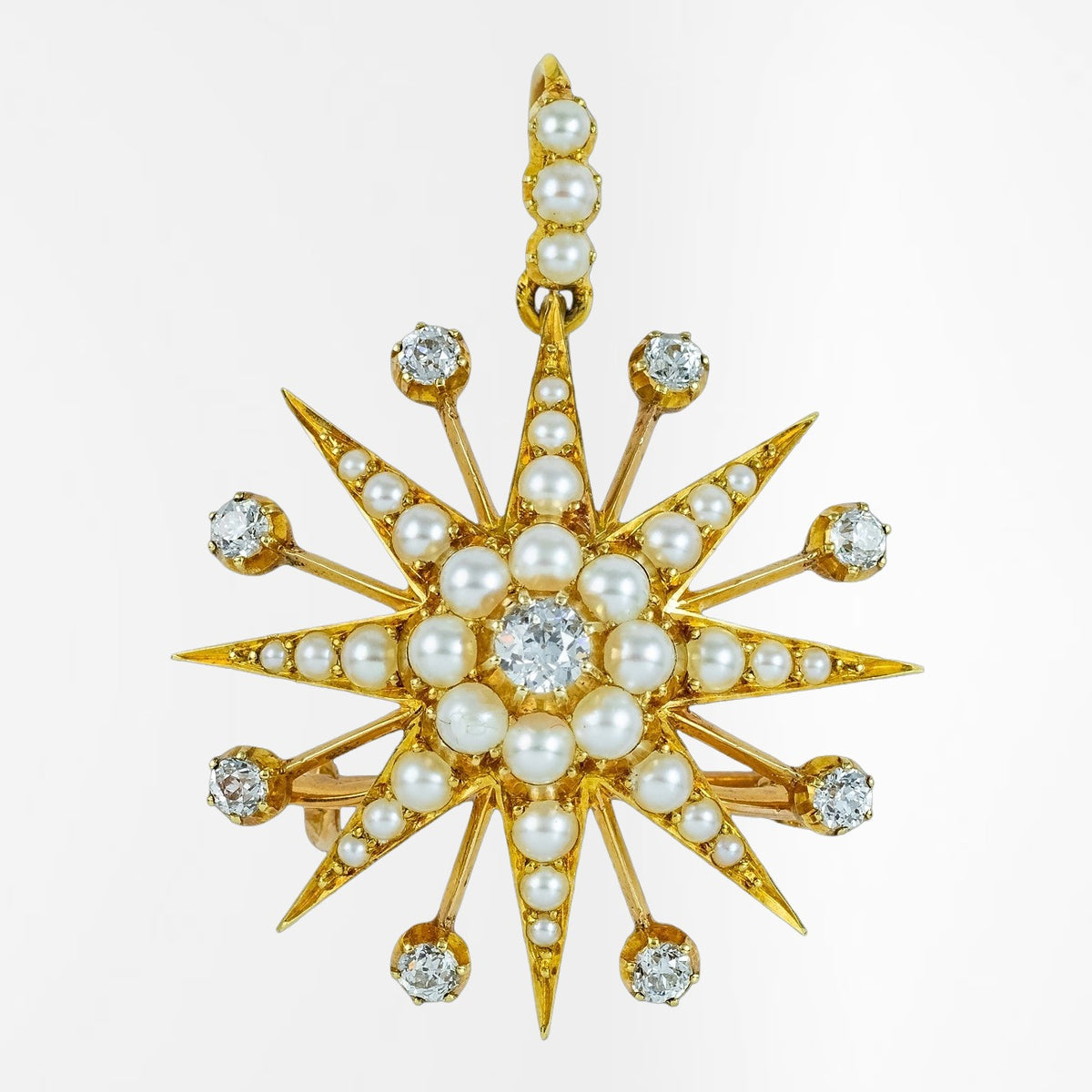 Antique Victorian Pearl Diamond Star Pendant Brooch 15ct Gold With Box