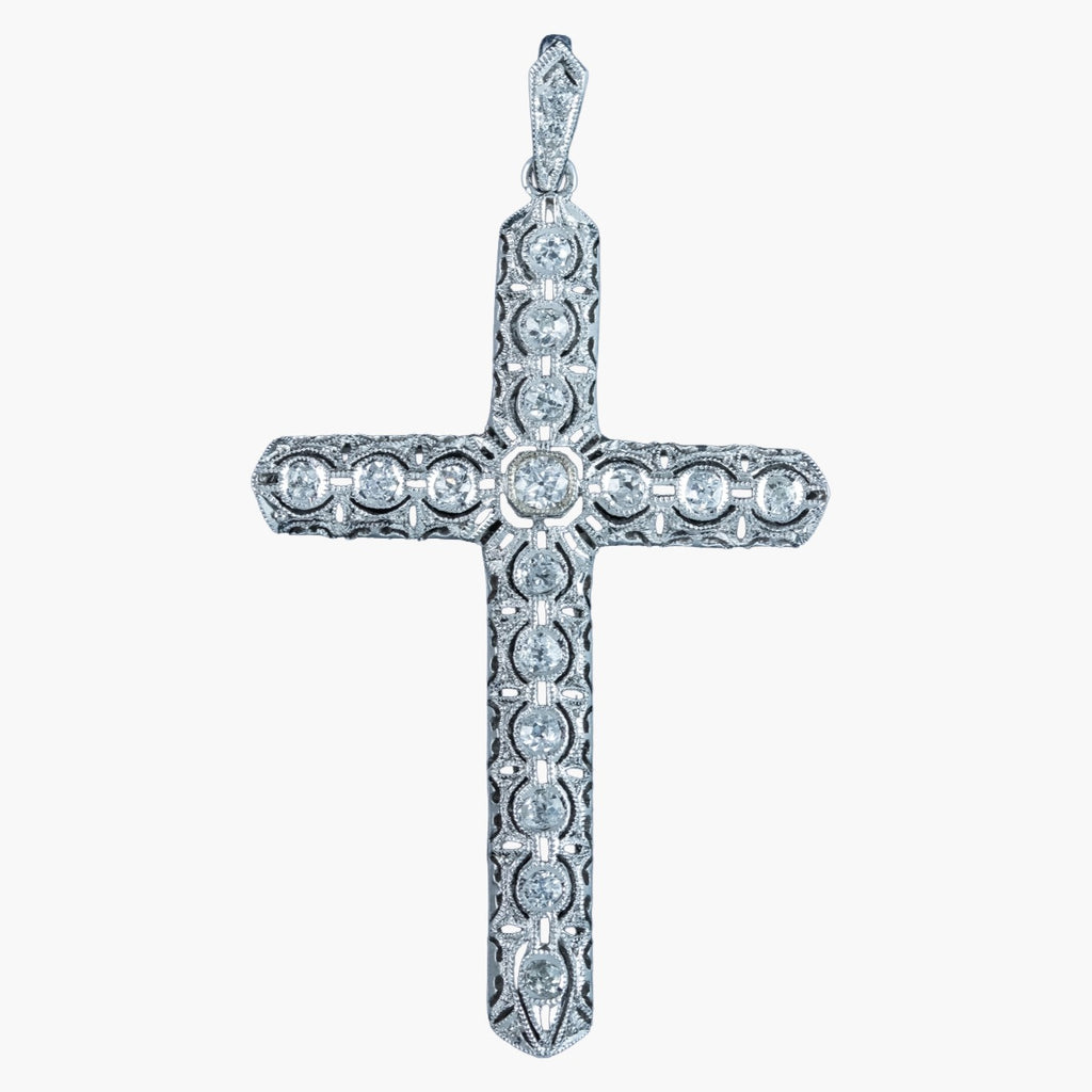 Antique Art Deco Diamond Cross Pendant 18ct Gold 1.4ct Total
