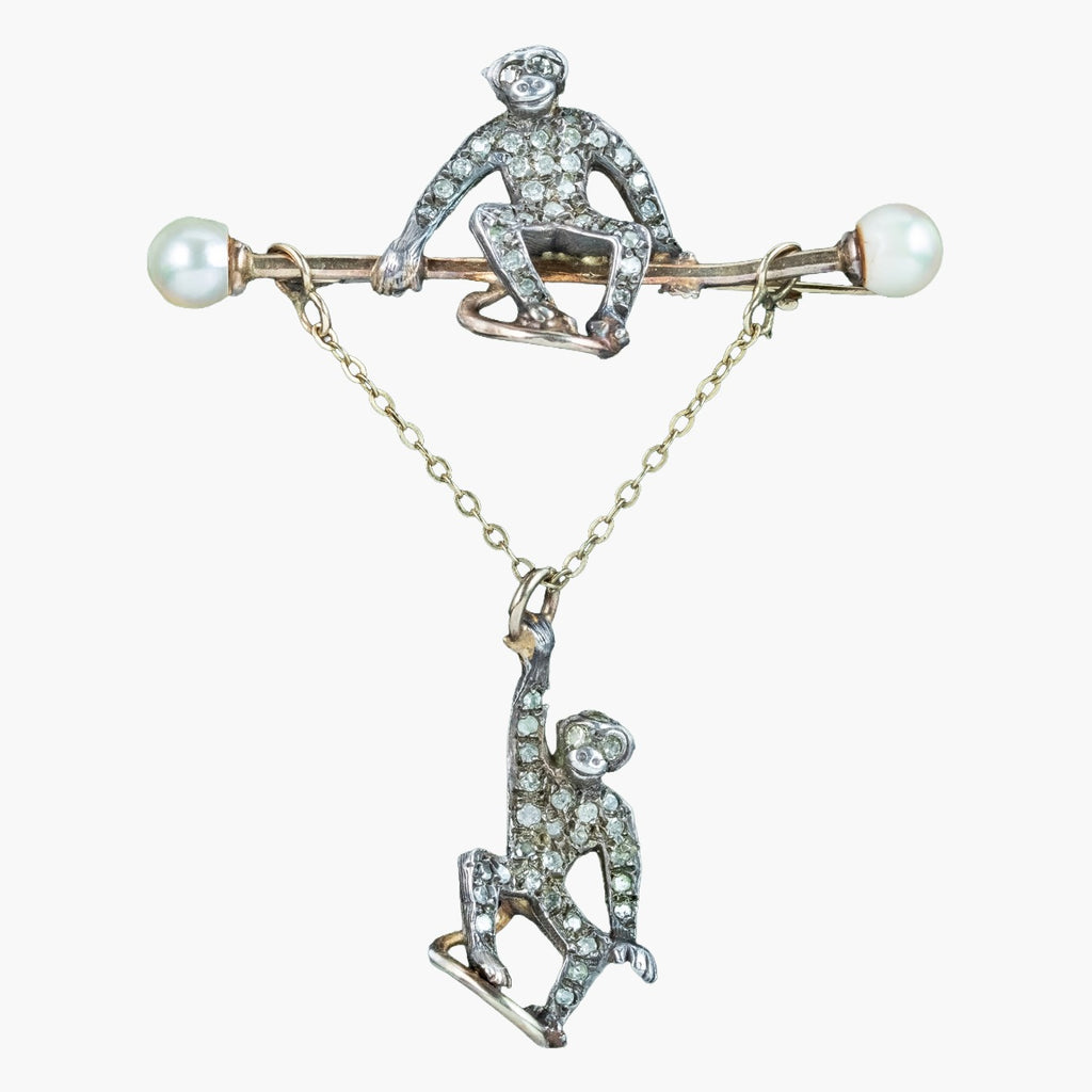 Antique Edwardian Diamond Pearl Monkey Brooch