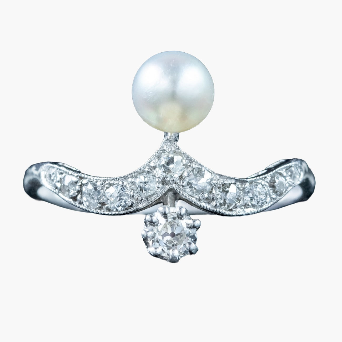 Antique Edwardian Diamond Pearl Toi Et Moi Tiara Ring 0.50ct Total Main image