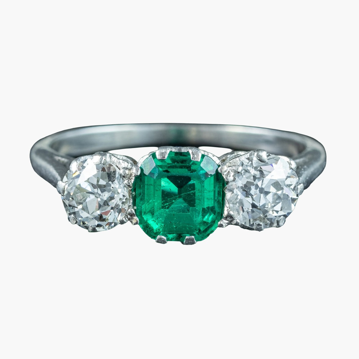 Antique Edwardian Emerald Diamond Trilogy Ring 0.75ct Colombian Emerald With Cert Main image