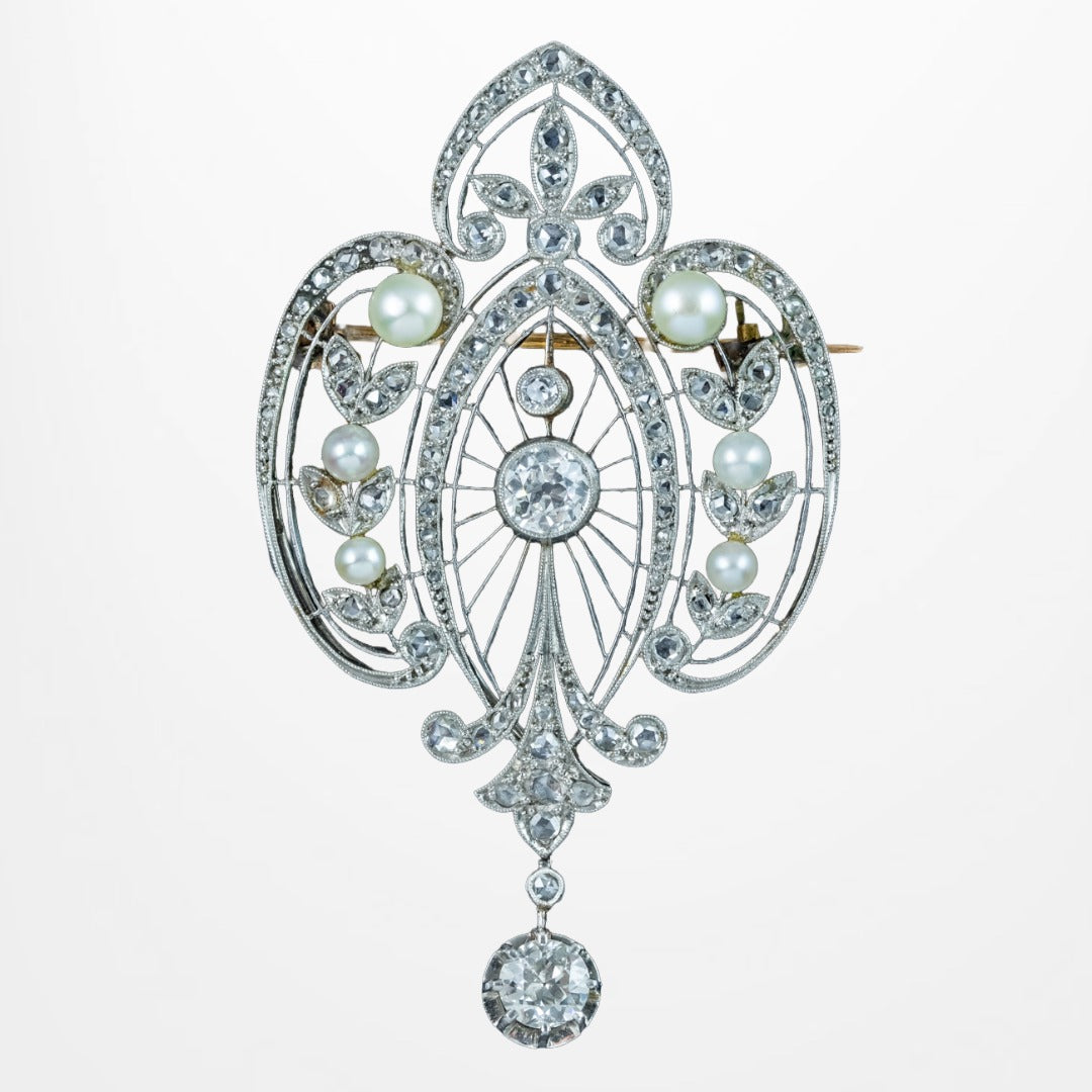 Antique Edwardian French Belle Epoque Diamond Pearl Brooch Main image