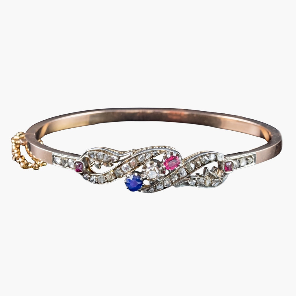 Antique Edwardian French Diamond Sapphire Ruby Bangle Platinum 18ct Gold