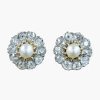 Antique Edwardian French Pearl Diamond Flower Stud Earrings 2ct Of Diamond