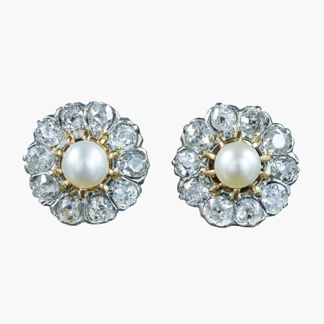 Antique Edwardian French Pearl Diamond Flower Stud Earrings 2ct Of Diamond