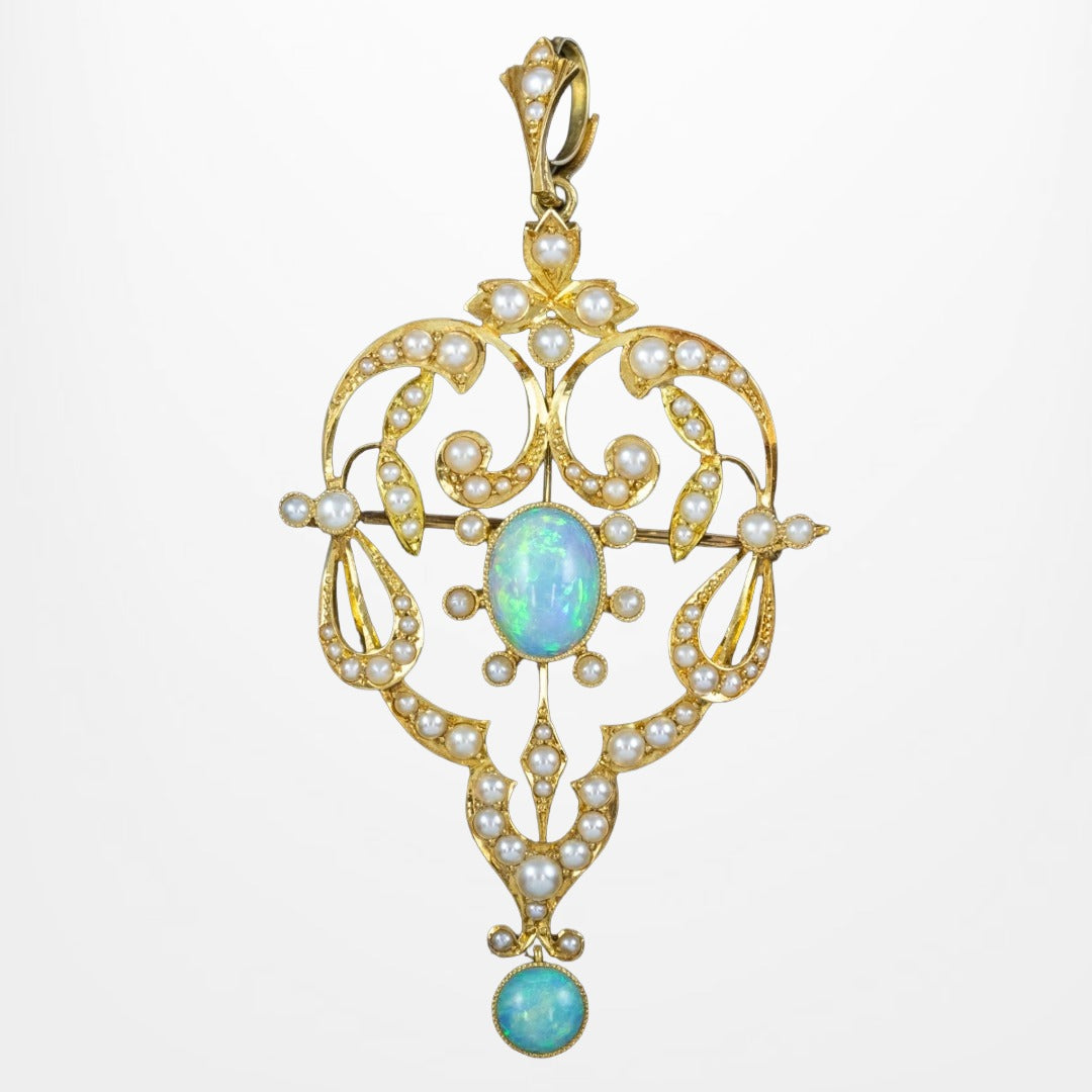 Antique Edwardian Opal Pearl Pendant Brooch 15ct Gold Main image