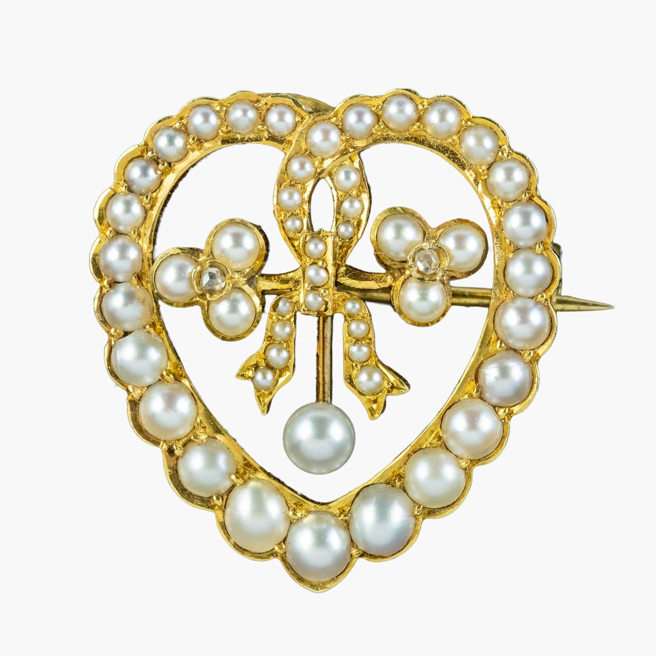 Antique Edwardian Pearl Diamond Heart Brooch 15ct Gold Main image