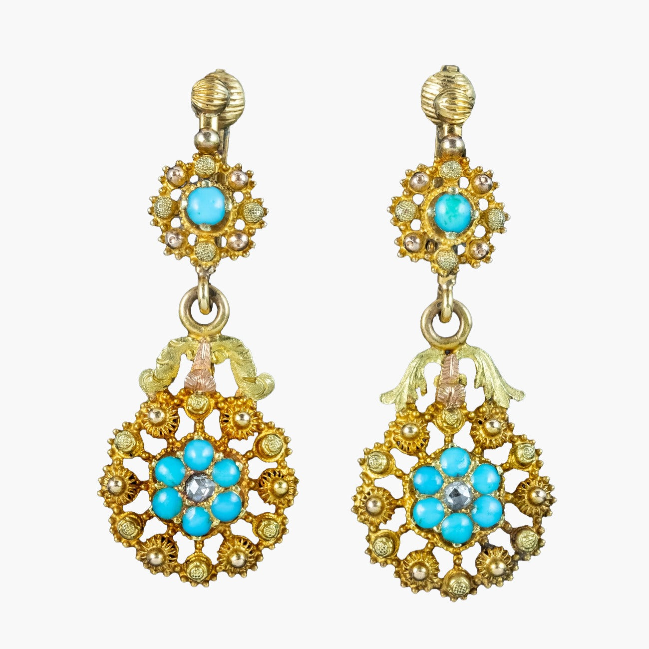 Antique Georgian Turquoise Diamond Forget Me Not Drop Earrings Main image