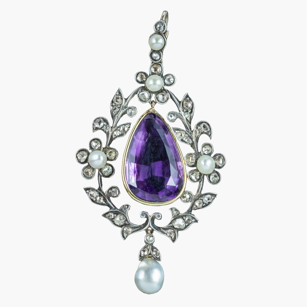 Antique Victorian Amethyst Diamond Pearl Pendant Silver 18ct Gold