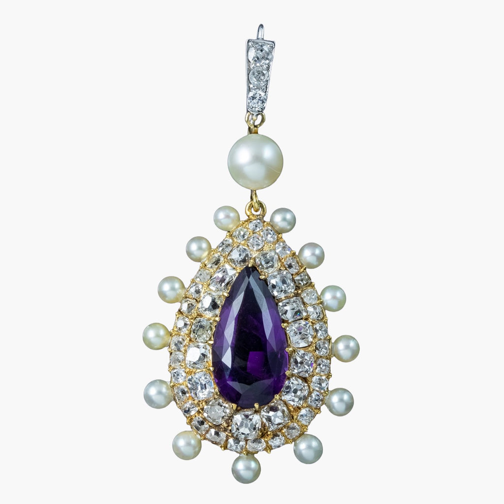 Antique Victorian Amethyst Pearl Diamond Pendant 7ct Amethyst With Box