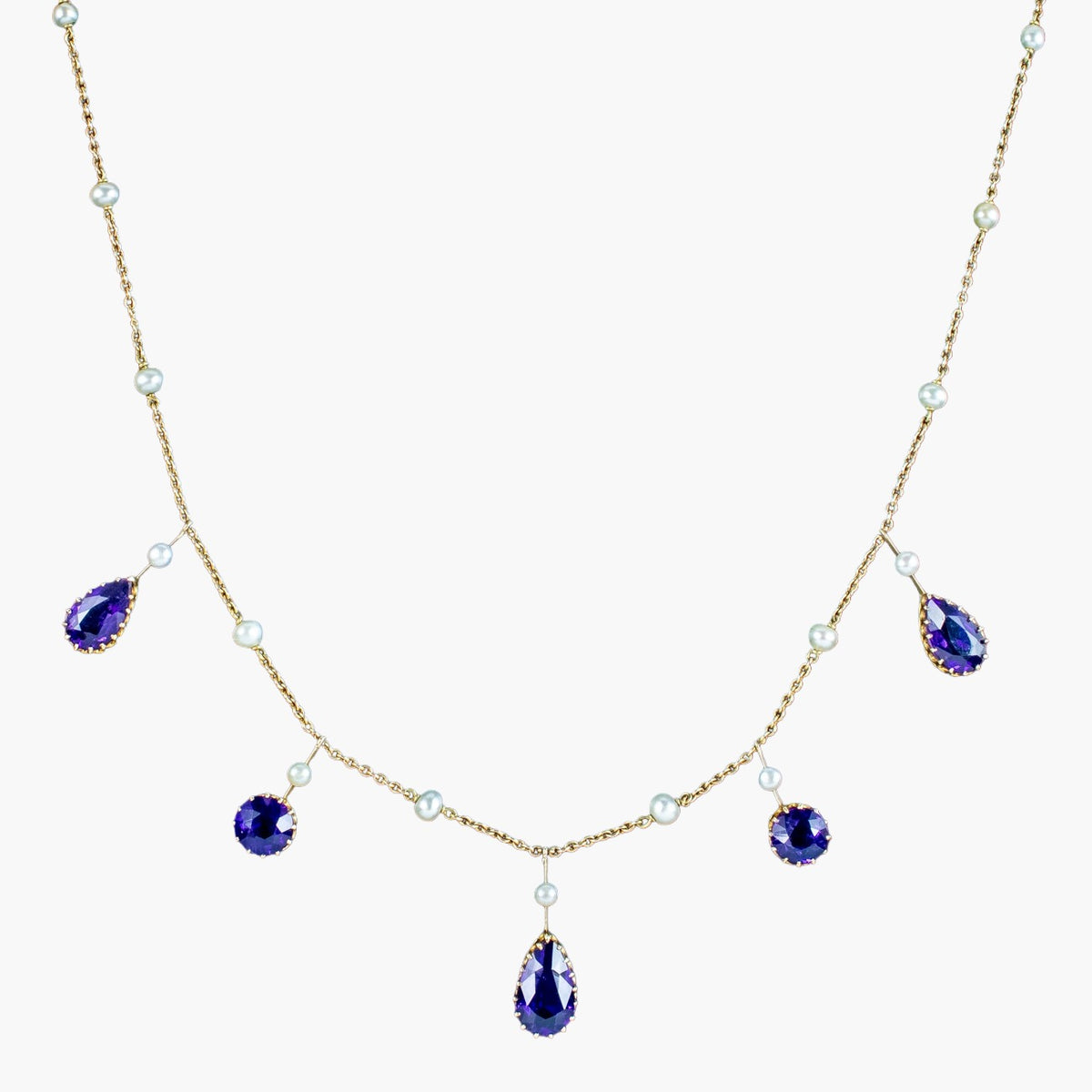 Antique Victorian Amethyst Pearl Dropper Necklace 15ct Gold Main image