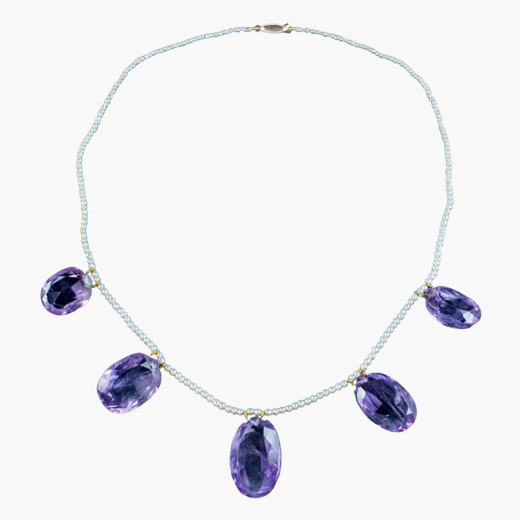 Antique Victorian Amethyst Pearl Dropper Necklace 9ct Gold
