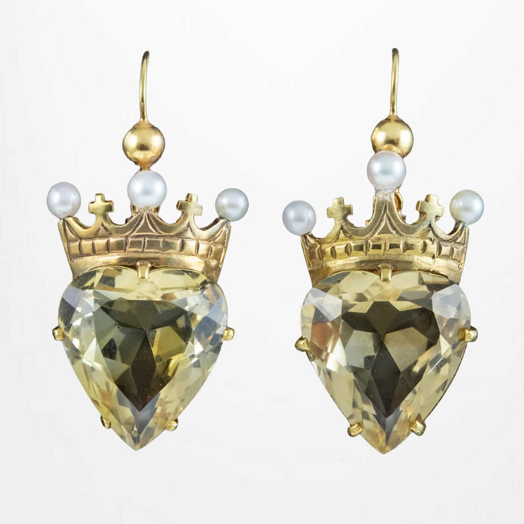 Antique Victorian Citrine Heart Pearl Crown Earrings 15ct Gold Main image