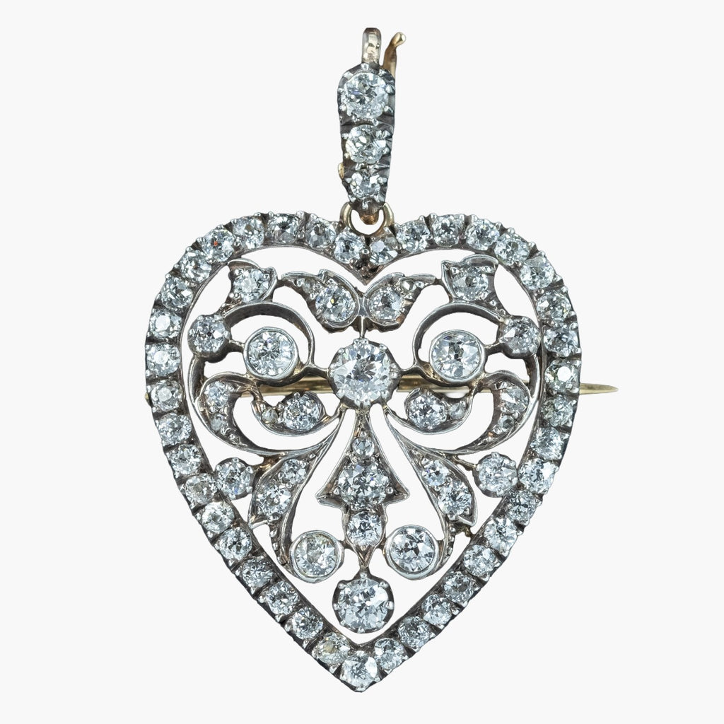 Antique Victorian Diamond Heart Pendant Brooch 2.5ct Total