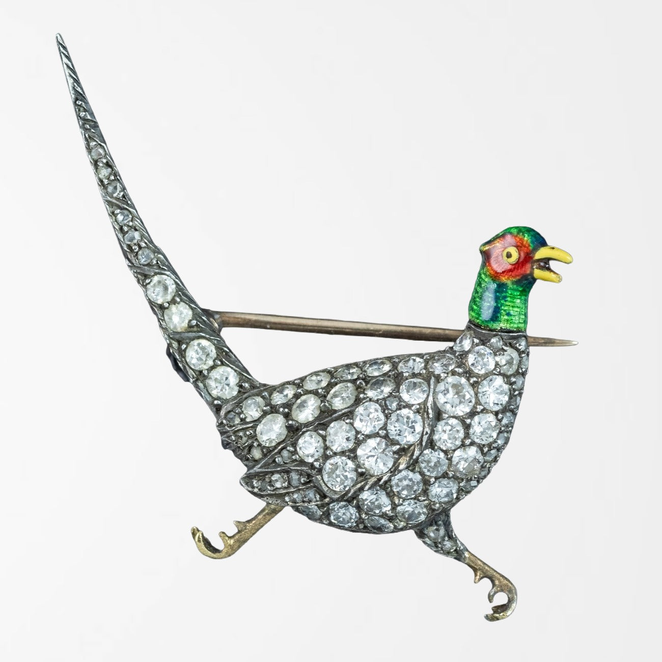 Antique Victorian Diamond Pheasant Brooch Silver Gold 1.6ct Total