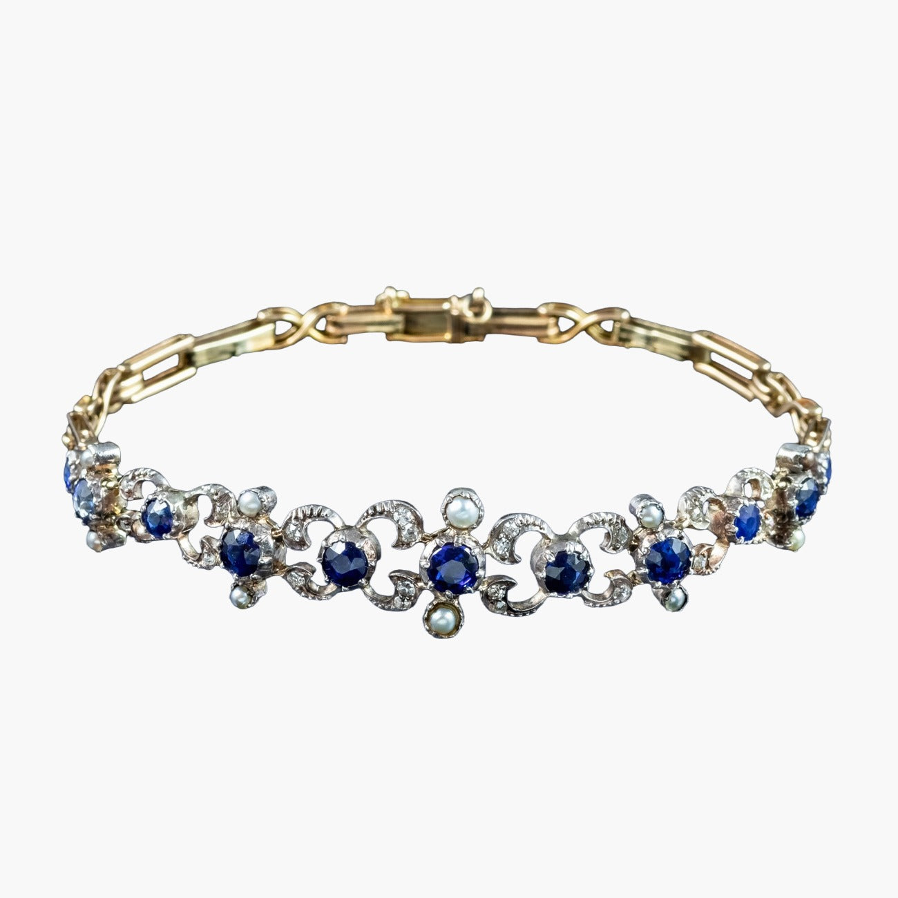 Antique Victorian Diamond Sapphire Pearl Bracelet Silver 18ct Gold Main image