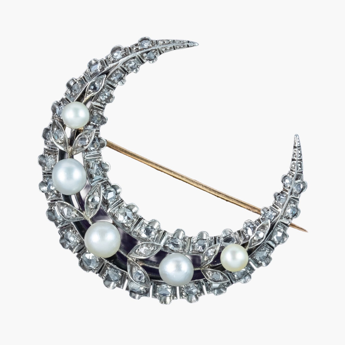 Antique Victorian French Pearl Diamond Crescent Moon Brooch Main image