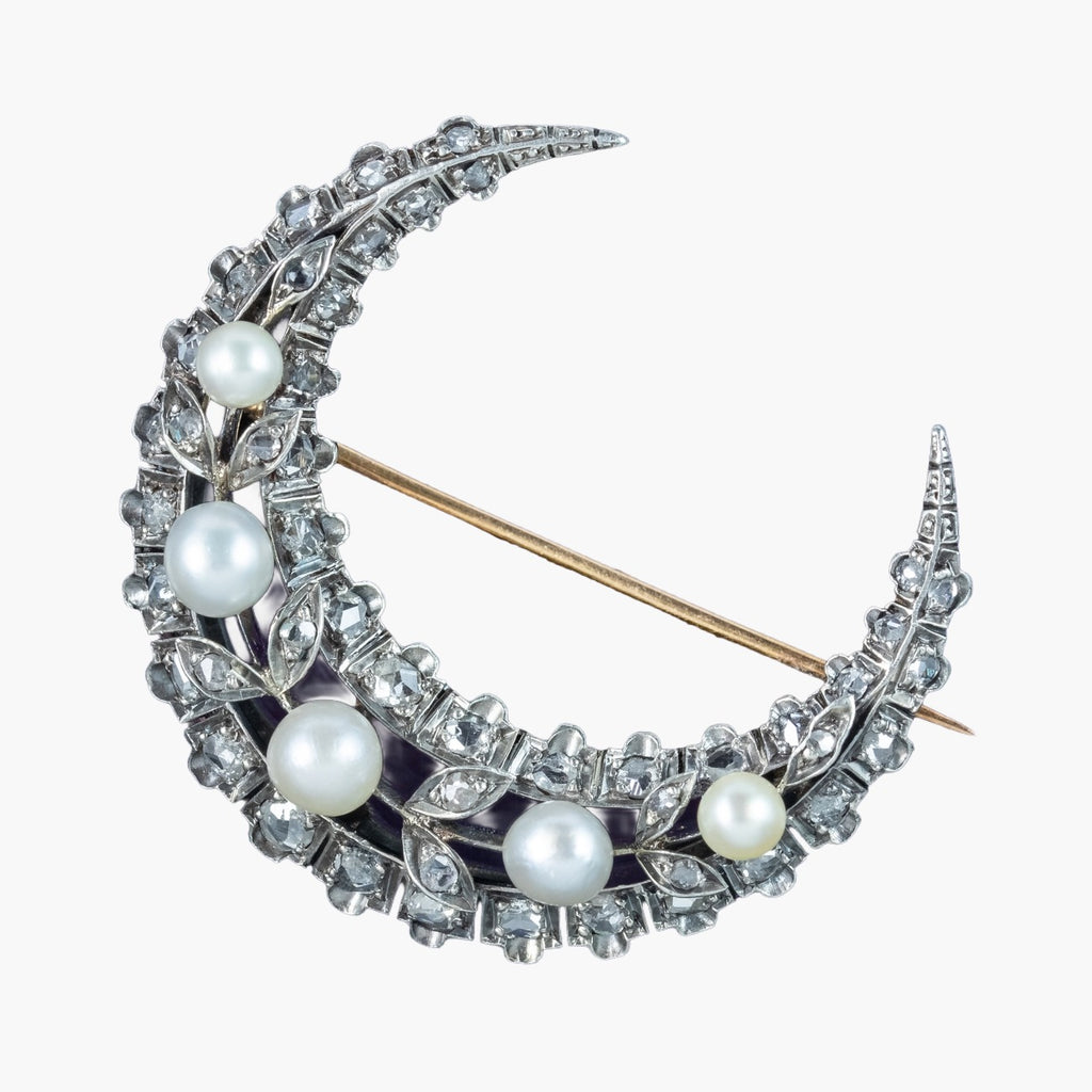 Antique Victorian French Pearl Diamond Crescent Moon Brooch