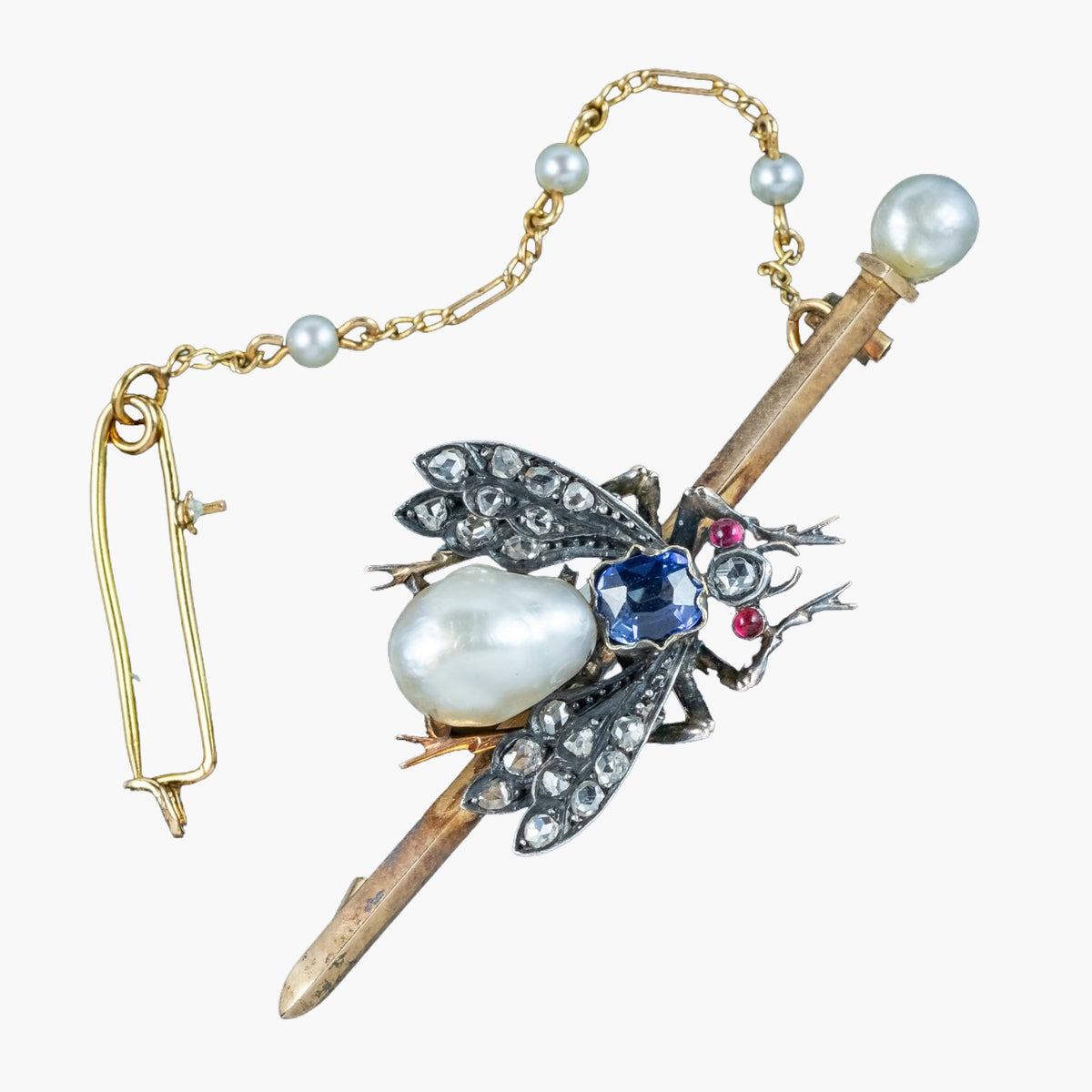Antique Victorian French Pearl Sapphire Ruby Diamond Insect Brooch Main image