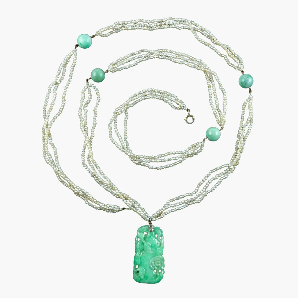 Antique Victorian Jade Pearl Necklace With Floral Jadeite Pendant