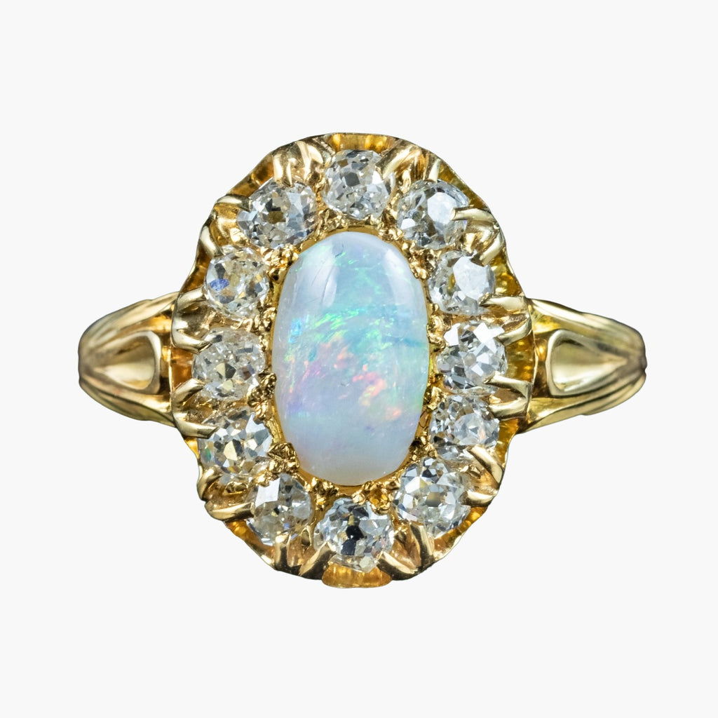 Antique Victorian Opal Diamond Cluster Ring 1ct Natural Opal