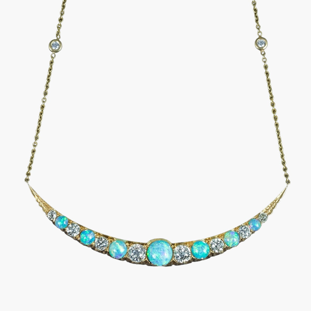 Antique Victorian Opal Diamond Necklace Crescent Moon 18ct Gold With Box