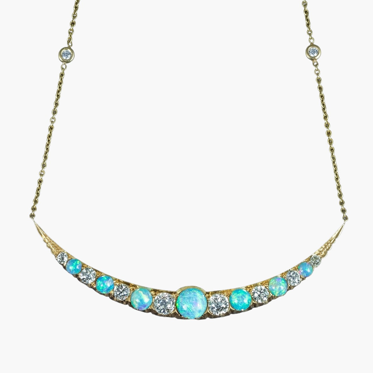 Antique Victorian Opal Diamond Necklace Crescent Moon 18ct Gold With Box