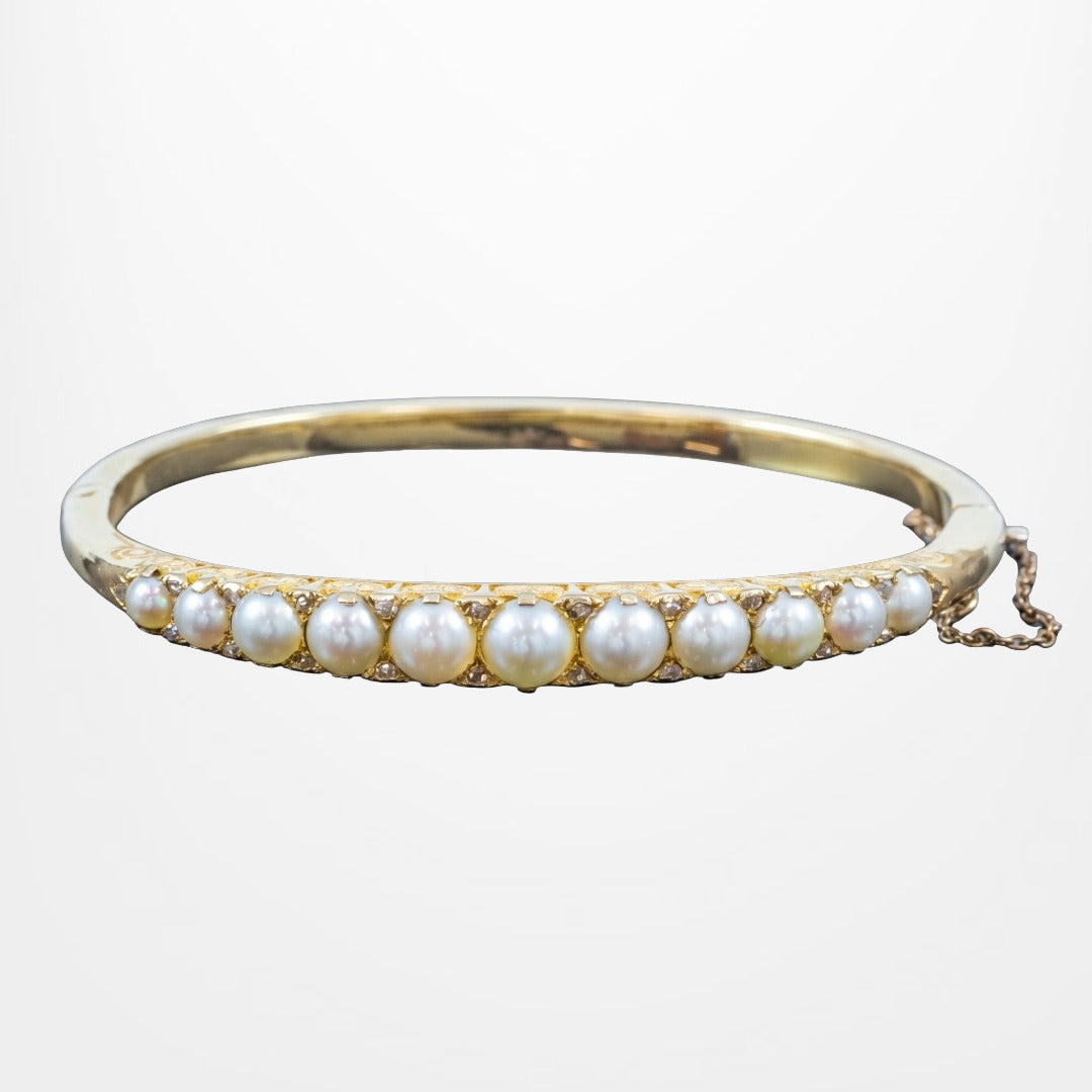 Antique Victorian Pearl Diamond Bangle 15ct Gold With Box