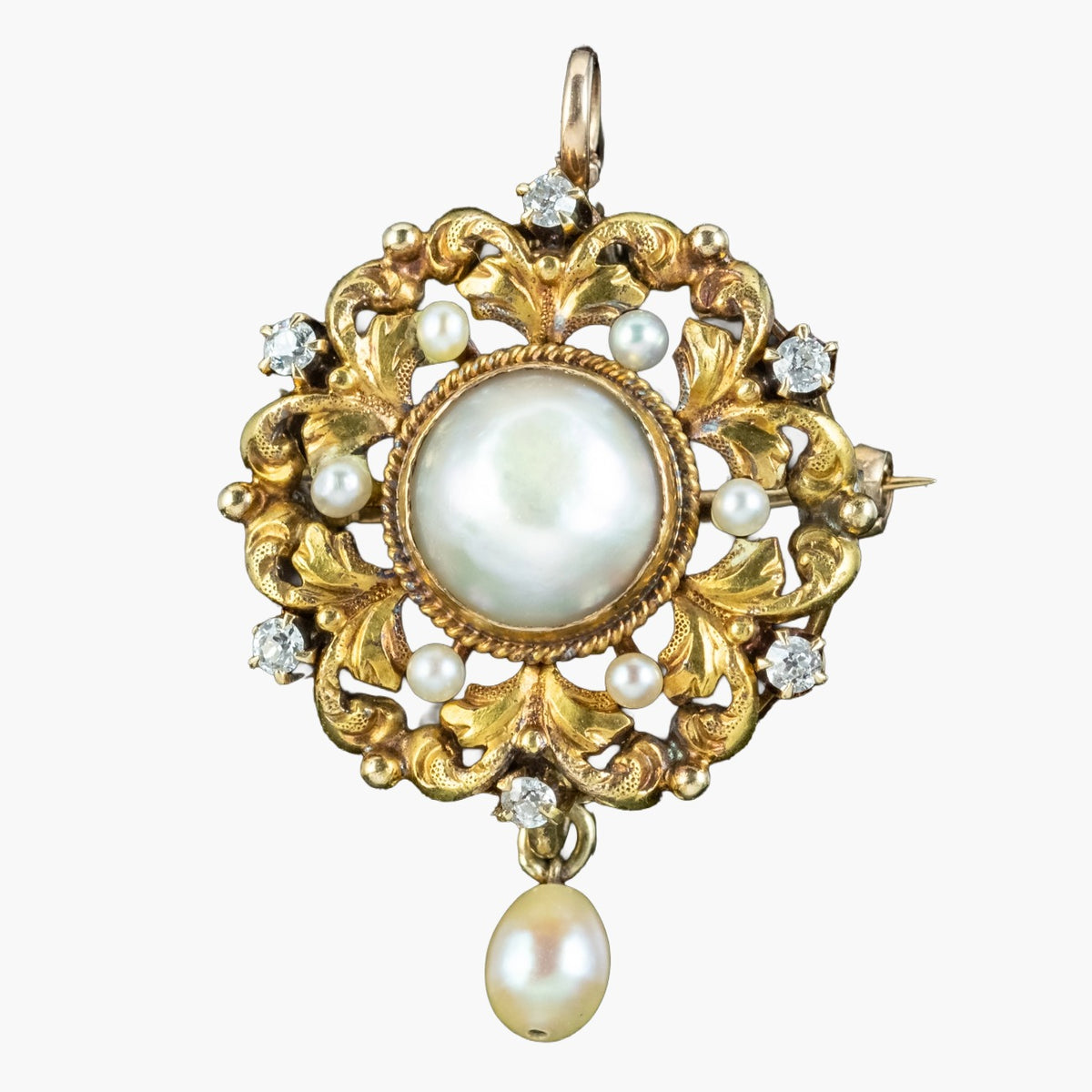Antique Victorian Pearl Diamond Pendant Brooch 18ct Gold