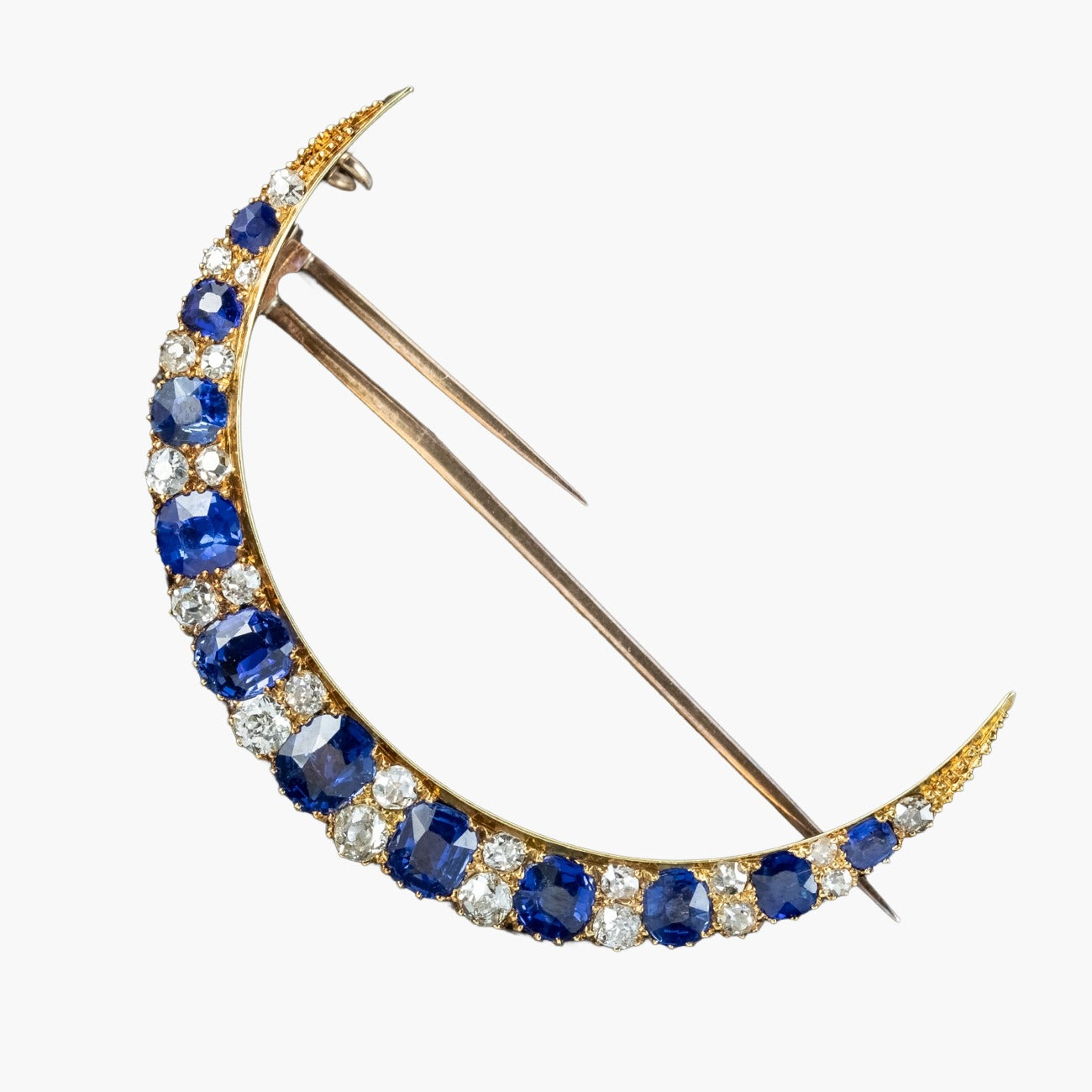Antique Victorian Sapphire Diamond Crescent Moon Brooch 15ct Gold Main image