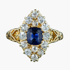Antique Victorian Sapphire Diamond Navette Cluster Ring 1ct Sapphire