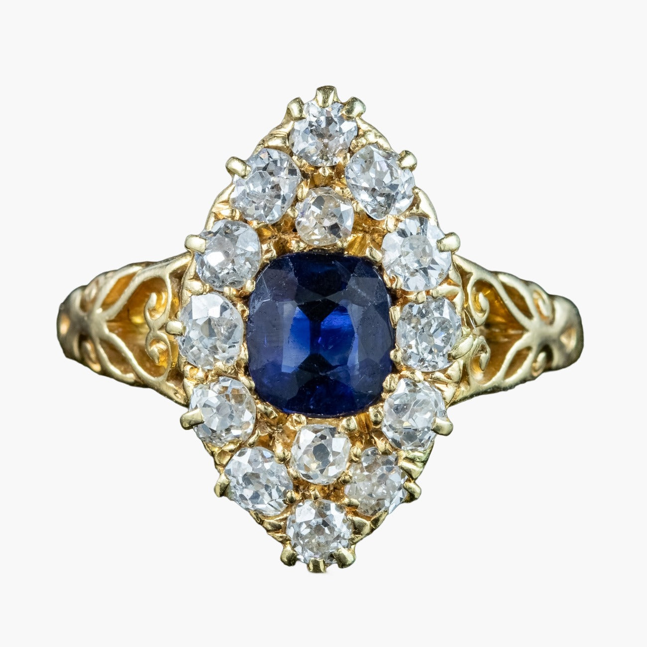 Antique Victorian Sapphire Diamond Navette Cluster Ring 1ct Sapphire