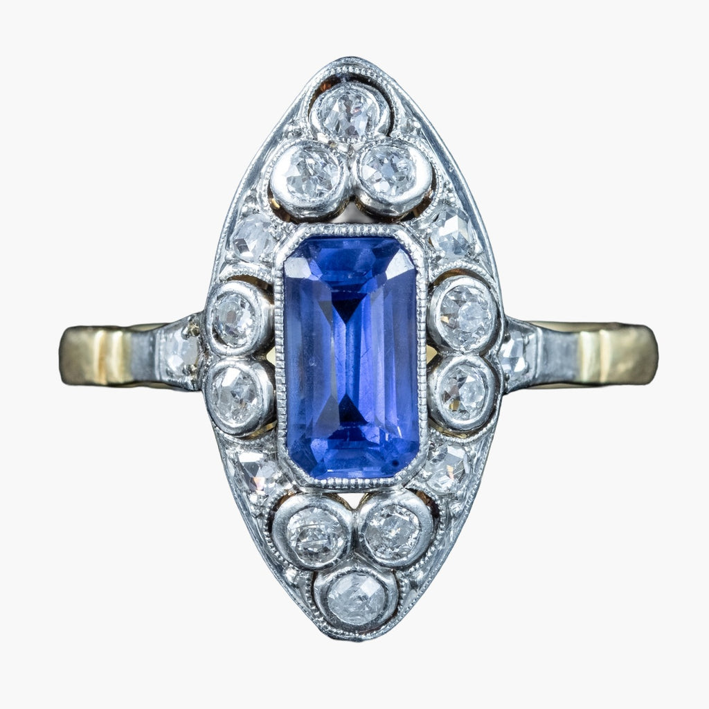 Antique Victorian Sapphire Diamond Navette Ring 1.2ct Sapphire