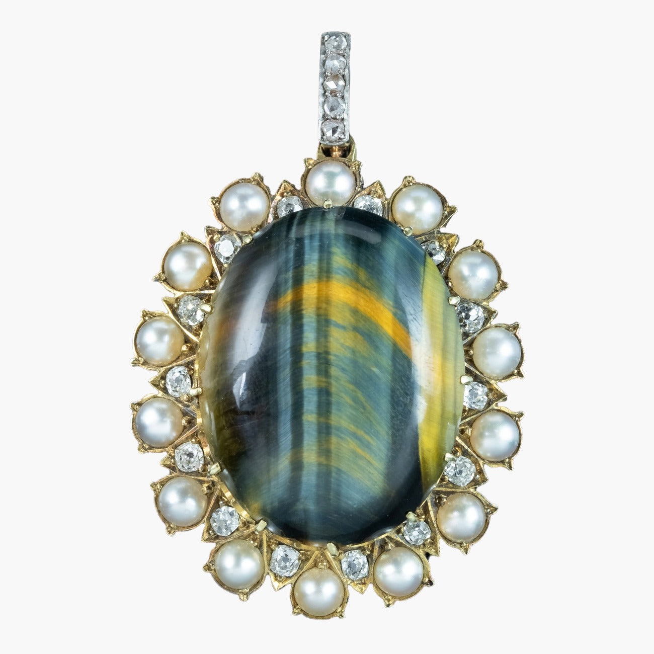 Antique Victorian Tigers Eye Diamond Pearl Pendant 18ct Gold With Box Main image