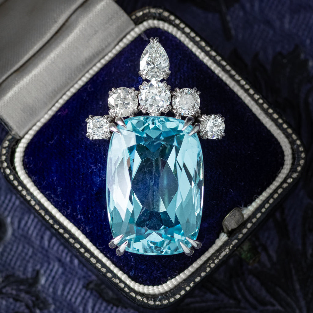 Edwardian Style Aquamarine Diamond Pendant 25.27ct Aqua With Cert