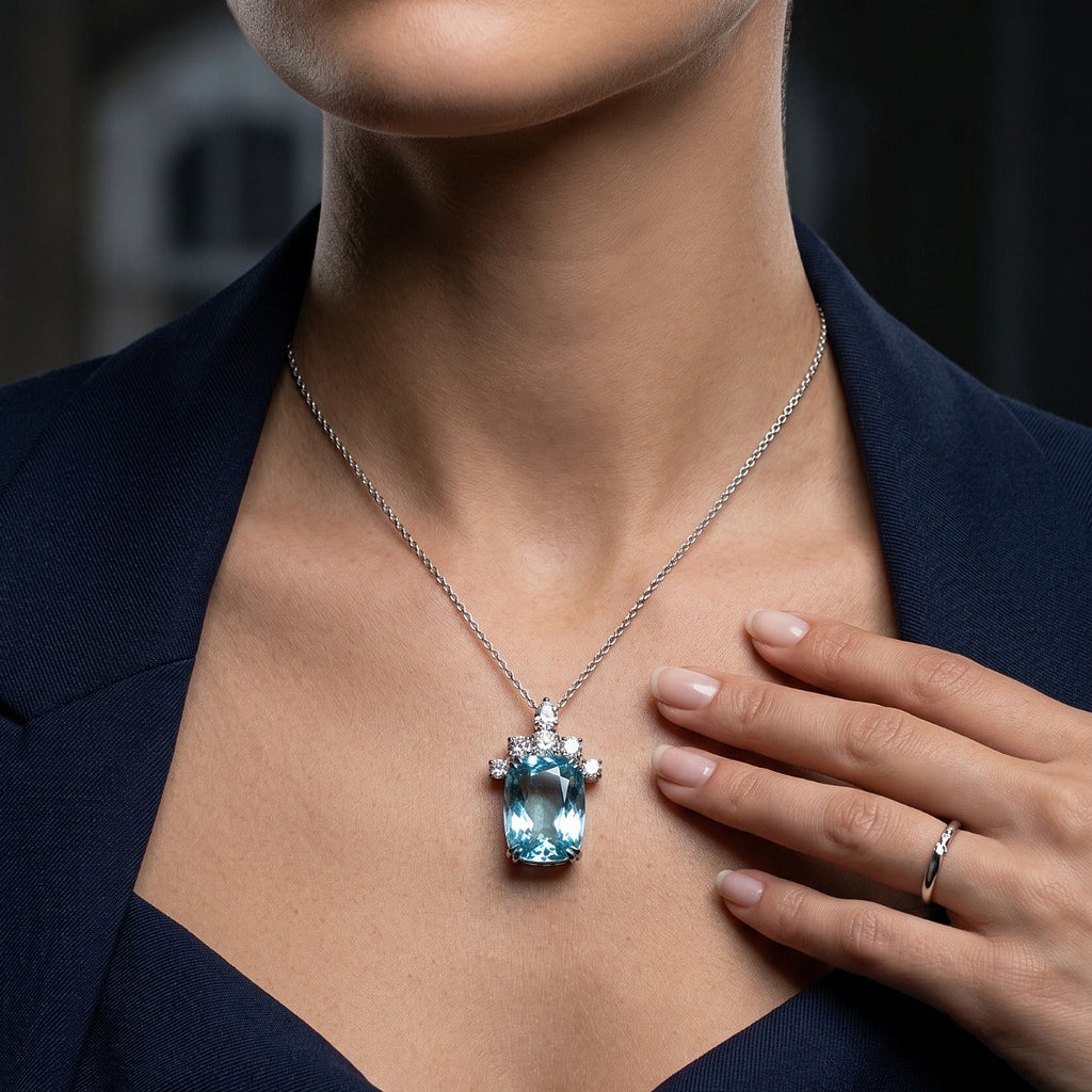 Edwardian Style Aquamarine Diamond Pendant 25.27ct Aqua With Cert