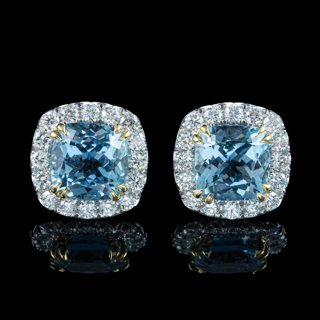 Edwardian Style Aquamarine Diamond Stud Earrings 18ct Gold 4.37ct Aquamarine