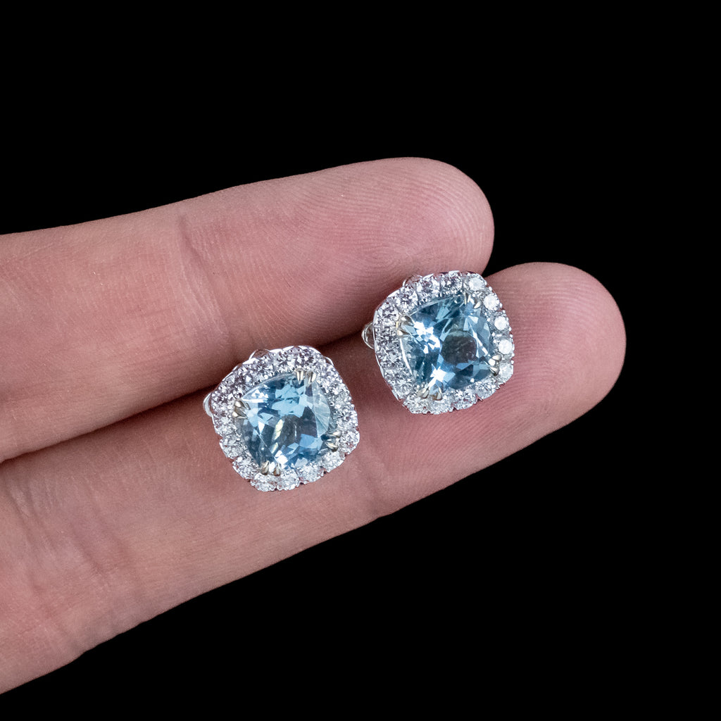 Edwardian Style Aquamarine Diamond Stud Earrings 18ct Gold 4.37ct Aquamarine