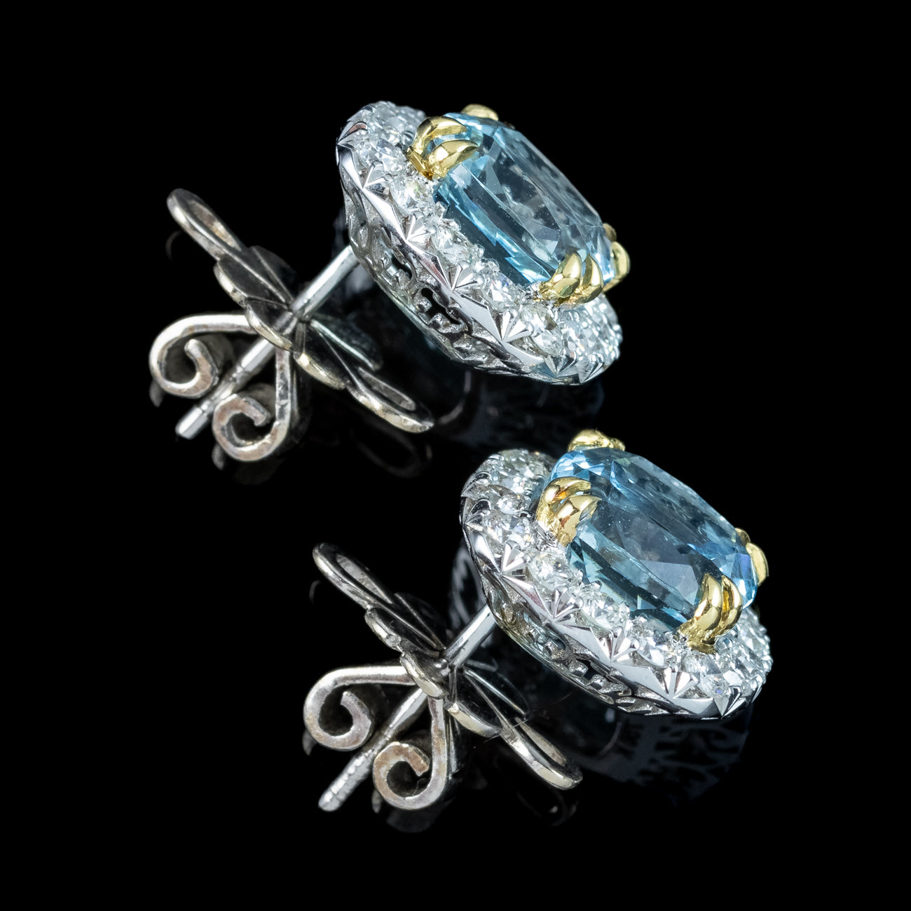 Edwardian Style Aquamarine Diamond Stud Earrings 18ct Gold 4.37ct Aquamarine