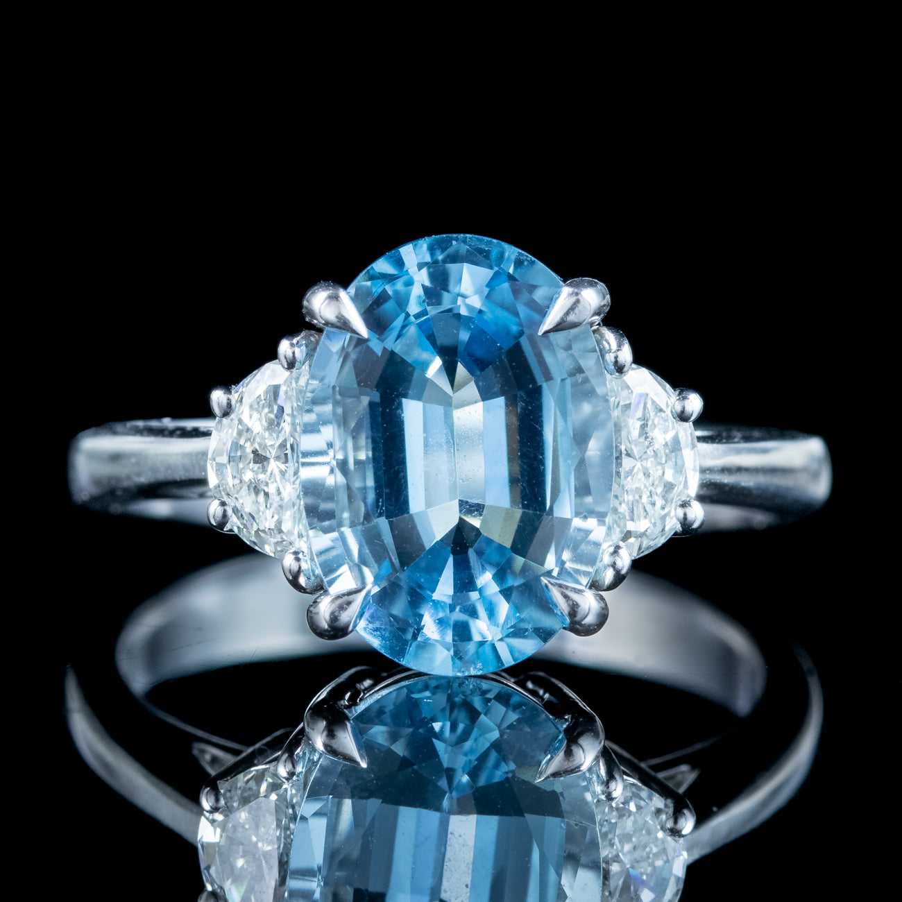Art Deco Style Aquamarine Half Moon Diamond Trilogy Ring 3ct Aqua Secondary image
