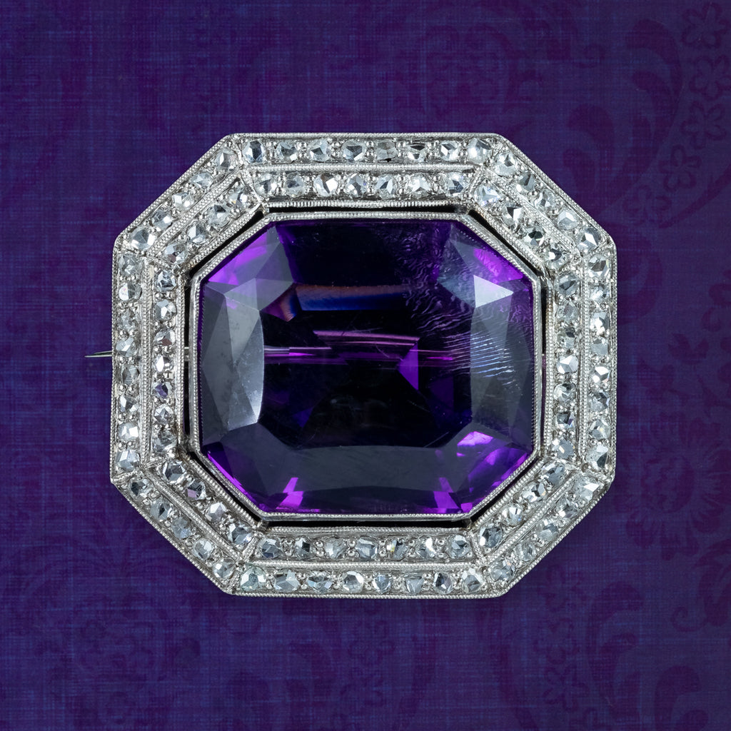 Art Deco Amethyst Diamond Brooch 18ct Gold 20ct Amethyst